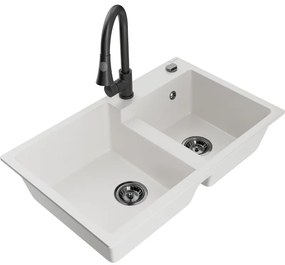 Mexen Tomas, 2-komorový granitový drez 800x500x190 mm a drezová batéria Elia, biela, 6516-20-670101-70