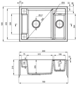 Deante Magnetic, granitový drez na dosku 690x500x219 mm, 3,5" + priestorovo úsporný sifón, 1,5-komorový, šedá, ZRM_S503