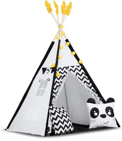 Detský stan tipi s girlandou a svetlami Nukido biely a čierny s pandou
