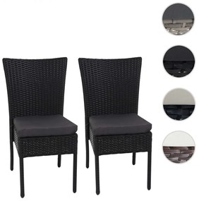 Set 2 záhradných stoličiek HWC-G19, polyratan, stohovateľná - čierne, vankúše tmavo sivé