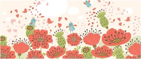 Obraz - Vtáčiky na rozkvitnutej lúke (120x50 cm)