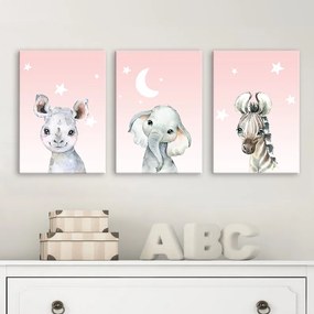 Séria 3 plagátov 30x40 cm - Baby animals ružová