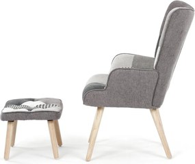 Relaxačné kreslo ušiak LISA + taburet — masív, látka, čiernobiely patchwork