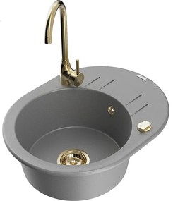 Mexen Kevin, drez granitový 586x458x190 mm, 1-komorový a zlatá batéria Telma, šedá, 6517-71-670200-50