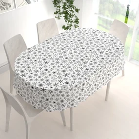 Biante Vianočný bavlnený oválny obrus Sandra SA-403 Čierne vločky na bielom 140x220 cm