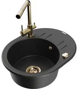 Mexen Kevin, drez granitový 586x458x190 mm, 1-komorový a zlatá Duero batéria, čierna - zlatá metalíza, 6517-75-671600-50