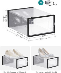 Krabice na topánky, balenie 18 ks, do veľkosti 42, stohovateľné, číre a čierne
