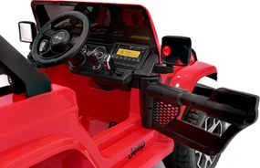Ramiz Jeep Wrangler Rubicon na batérie pre deti červený + diaľkové ovládanie + rádio MP3 LED + kolesá EVA