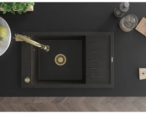 Mexen Elias, 1-komorový granitový drez 795x480x200 mm a drezová batéria Elia, čierna-zlatá metalíza, 6511-75-670101-50