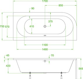 BPS-koupelny Akrylátová asymetrická vaňa na vstavanie HYD-EBI170P-VEST 170x75 cm PRAVÁ, biela