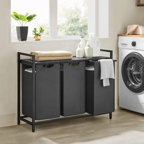 Kôš na bielizeň s 3 priehradkami a poličkou, kovový rám, sivá farba