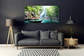 Obraz na akrylátovom skle Hora voda loďka príroda 120x60 cm