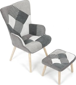 Relaxačné kreslo ušiak LISA + taburet — masív, látka, čiernobiely patchwork