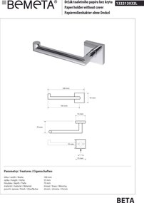 Bemeta Design BETA: Držiak toaletného papiera, ľavý - 132212032L