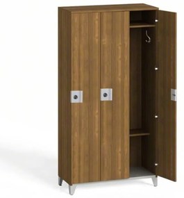 Drevená šatníková skrinka na nohách, 3 dvere, 1750 x 900 x 400 mm, otočný zámok, orech