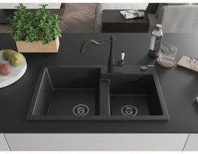 Mexen Tomas, granitový drez 800x500x190 mm, 2-komorový a drezová batéria Carla, čierna-strieborná metalíza, 6516-73-670700-70-B