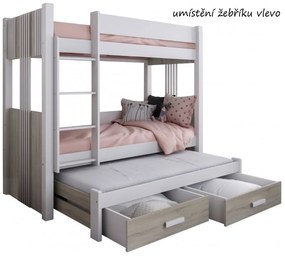 Detská poschodová posteľ z masívu borovice ARTEN III s prístelkou a šuplíky - 200x90 cm - biela/dub sonoma