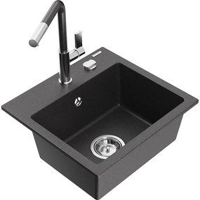 Mexen Milo, 1-komorový granitový drez 435x410x171 mm a drezová batéria Flora, čierna-zlatá metalíza, 6505-76-670401-08