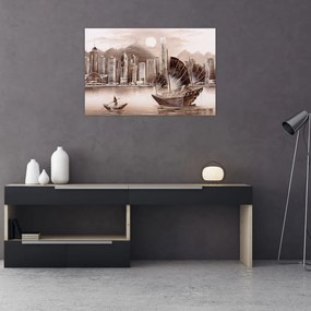 Obrázok - Victoria Harbor, Hong Kong, sépiový efekt (90x60 cm)