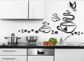 Nálepka na stenu do kuchyne šálky kávy a motýľ 60 x 120 cm