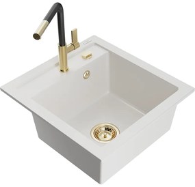 Mexen Vito, 1-komorový granitový drez 490x520x210 mm a drezová batéria Flora, biela, 6503-20-670401-57-G