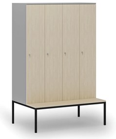 Drevená šatníková skrinka S4 s lavičkou, 4 oddiely, 1871 x 1200 x 500/800 mm, demont, cylindrický zámok, sivá/breza