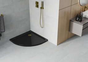 Mexen SLIM - Štvrťkruhová sprchová vanička 90x90x5cm + zlatý sifón, čierna, 41709090G