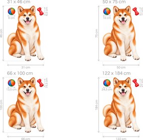 Akita inu s loptičkou a kosťou maľované textilné nálepky na stenu arch 31 x 46 cm