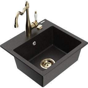 Mexen Milo, granitový drez 435x410x171 mm, 1-komorový a drezová batéria Carla, čierna-zlatá metalíza, 6505-75-670700-50