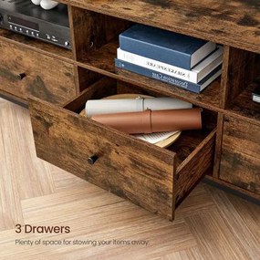 TV stolík s 3 zásuvkami a odkladacími policami, rustikálny hnedý