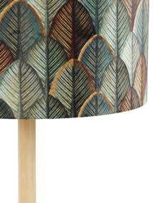 Drevená stojacia lampa s zamatovým tienidlom s dizajnom listov a zlatým vnútorným priestorom - Mels