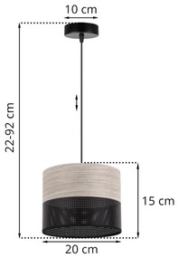 Závesné svietidlo Wood, 1x svetlobéžová dubová dýha/čierne PVCové tienidlo, (fi 20cm)