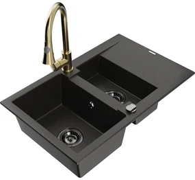 Mexen Gaspar, 1,5-komorový granitový drez 737x475x177 mm a drezová batéria Elia, čierna-zlatá metalíza, 6507-75-670101-50-B