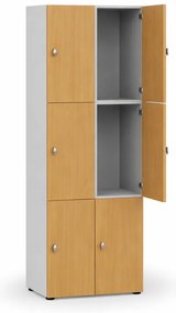 Drevená šatníková skrinka S4 s úložnými boxmi, 6 boxov, demont, otočný zámok, sivá/buk