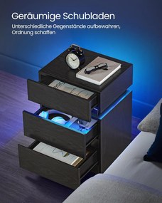 Nočný stolík s viacfarebným nastaviteľným LED pásikom, 3 zásuvky, čierny