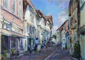 Sklenený obraz - Ulička starého mesta, akrylová maľba (70x50 cm)