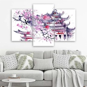 Gario Obraz na plátne Japonská pagoda a čerešňový kvet - 3 dielny Rozmery: 60 x 40 cm