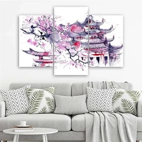 Gario Obraz na plátne Japonská pagoda a čerešňový kvet - 3 dielny Rozmery: 150 x 100 cm