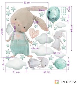 Detské nálepky na stenu - Zajačiky s hviezdičkami v mentolovej farbe