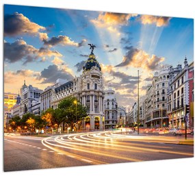 Sklenený obraz - Calle Gran Vía, Madrid, Španielsko (70x50 cm)