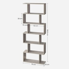 Knižnica, voľne stojaca dekoratívna polica so 6 úrovňami, greige sivá