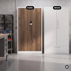 Kovová kancelárska skriňa so zámkom na kód biela, orech, 900x1850x400 mm: DANIEL Eco Design