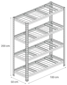 Kovový regál BULLRACK RIVET, 200x180x60 cm, 4x sieťová drôtená polica, 600 kg na policu, zinok