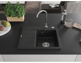 Mexen Ben, 1-komorový granitový drez 600x500x190 mm, pravý + chrómový sifón, čierna-strieborná metalíza, 6523605000-73