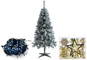 Livarno home Zasnežený umelý vianočný stromček, 150 cm + Svetelná LED reťaz, studená biela + Ozdoby, zlaté  (800011006)
