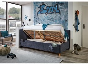 Tmavomodrá čalúnená rohová detská posteľ s úložným priestorom s roštom 90x200 cm Fun – Meise Möbel