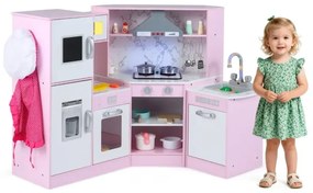 Drevená rohová detská kuchynka so svetlom, zvukom, tabuľou a príslušenstvom, detská kuchynka na hranie, drevená kuchynka ružová