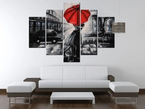 Gario Obraz s hodinami Červený bozk v daždi - 5 dielny Rozmery: 150 x 105 cm