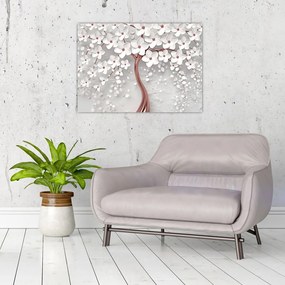Sklenený obraz - Sklenený obraz bieleho stromu s kvetinami, rosegold (70x50 cm)