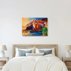 Sklenený obraz - Dedina na pobreží Cinque Terre, Talianska riviéra, moderný impresionizmus (70x50 cm)